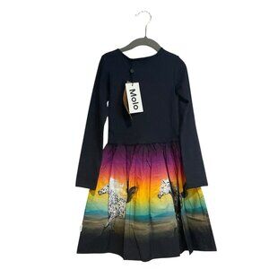 Molo  Casie Graphic- Print Horses Dress Girl navy Blue Kids Size 122/128 7-8 Yrs